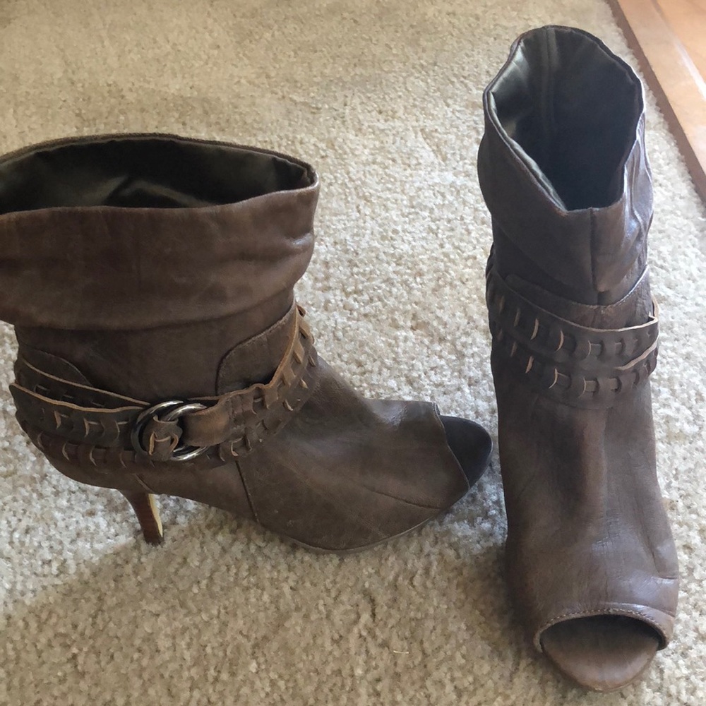 Guess Brown Leather Peep Toe Boot Heel